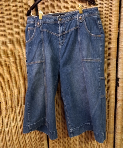 VTGE Quizz NY Womens Capri Pants Utility Blue Jean Denim Wide Legs Size 16/36" - Picture 1 of 10